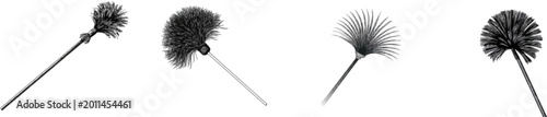 A vintage monochrome line art chimney sweep brush with detailed black and white engraving features a long flexible fiberglass rod with stiff bristles, isolated on a pure white background
