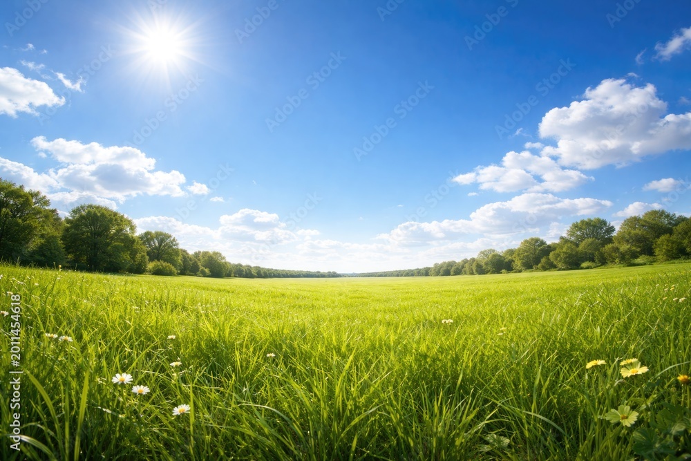 Obraz premium Bright summer panorama of green grass and vivid blue sky offering copy space for text