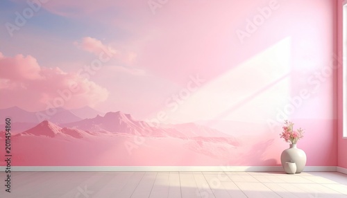 Sunlit pink room with vase, mountains mural, and soft light through a window. Calm, serene ambiance