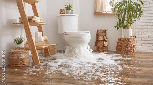 water leaking from an overflowing toilet caused by drainage blockage in a residential bathroom emergency and sanitation problem situation