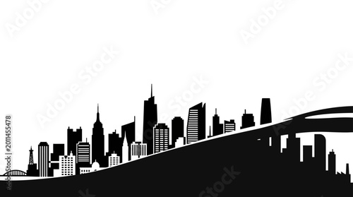 Quadro su tela Black and white silhouette of a modern city skyline with a bridge foreground