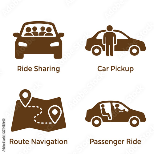 Fotografie Ride sharing service and route navigation icon set with navigation, passenger