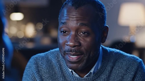 Happy African American Man Wearing Gray Sweater Smiling and Talking in a Dimly Lit Room with Warm Background Lighting