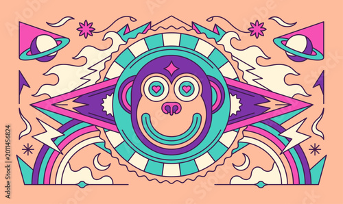 Photography Psychedelic geometric illustration of a monkey face with vibrant color abstract elements in a symmetrical composition