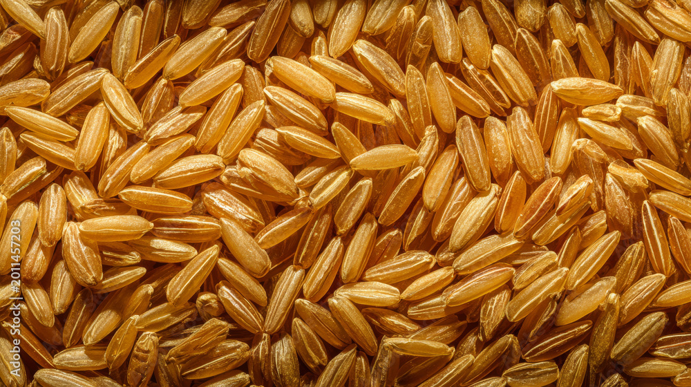 Obraz premium Stylized macro close-up of brown rice grains layered densely, pattern-focused composition, even studio lighting, high contrast texture clarity composition for branding