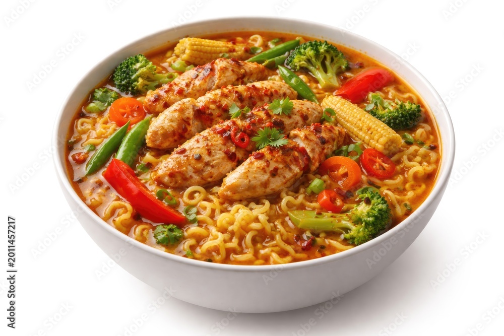 Fototapeta premium Spicy curry instant noodle bowl with tender chicken and garden vegetables isolated on white