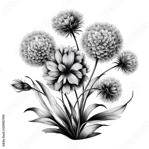 Dandelions arranged in an oval shape in black and white artwork on a plain background