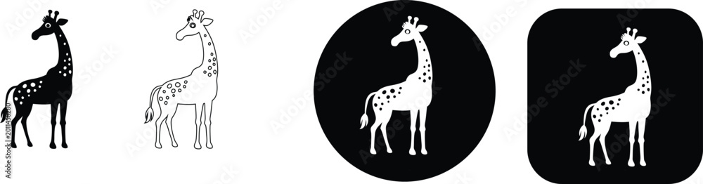 Fototapeta premium Four stylized giraffe in black and white with different backgrounds and outlines animal