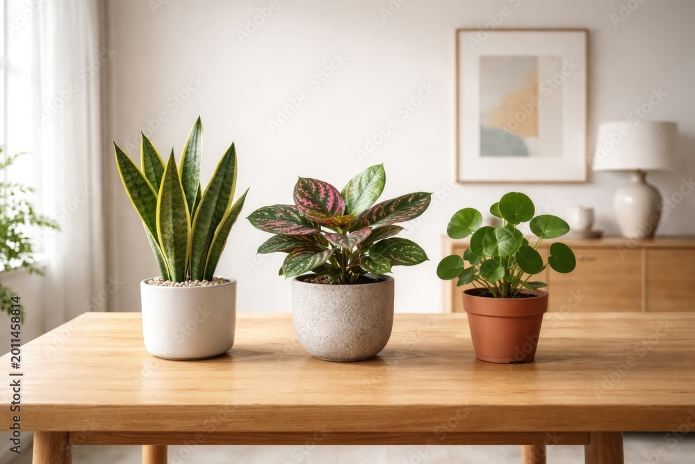 Obraz premium Minimalist interior featuring wooden table with three vibrant potted plants