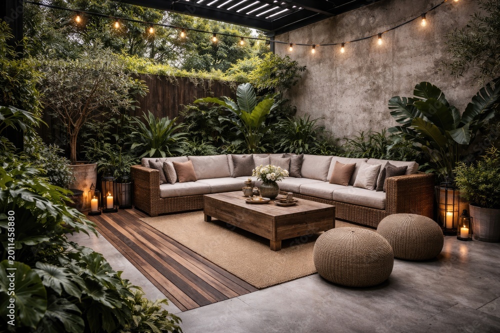 Fototapeta premium Rendered outdoor living zone in loft style with mixed wood concrete floors coarse concrete walls abundant green planting fence and fabric covered rattan furniture