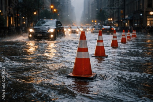 Traffic cones guide vehicles through waterlogged streets in city flooding