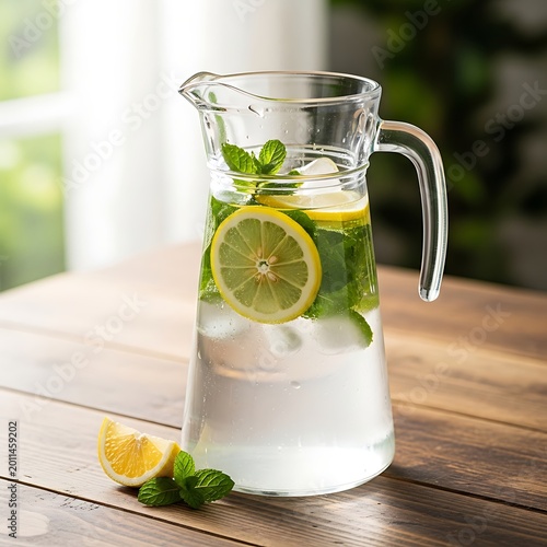 Refreshing Lemon Mint Infused Water Pitcher on Sunlit Wooden Table