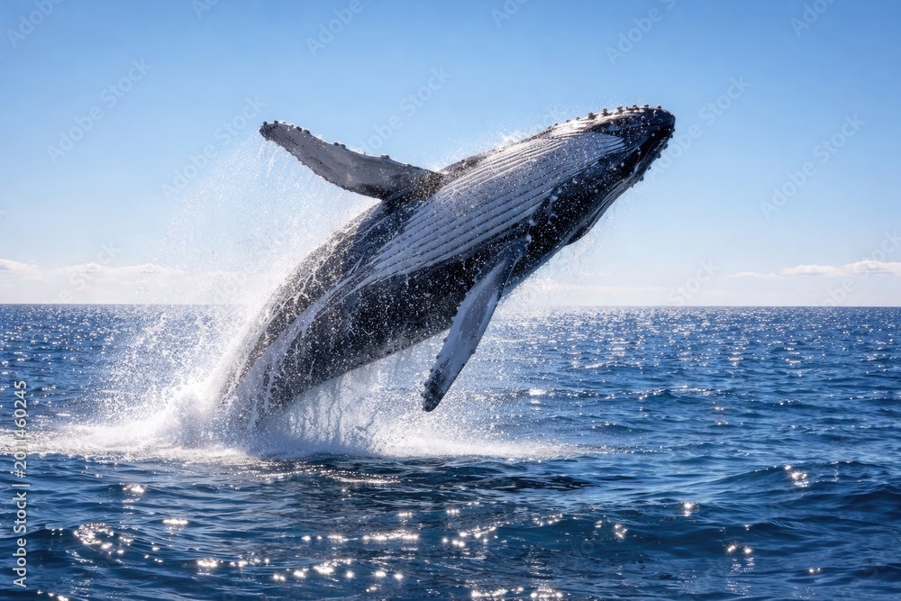 Fototapeta premium Playful whale performing a leap over sparkling sea under clear sky