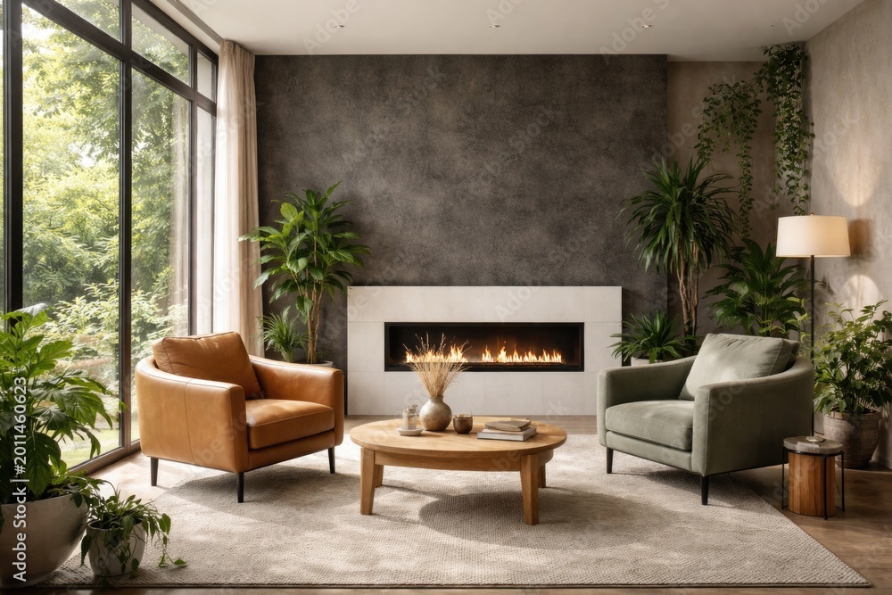 Fototapeta premium Tranquil psychotherapy setting showcasing a black cement backdrop and stylish white fireplace, enriched with greenery and daylight streaming through large glass panels