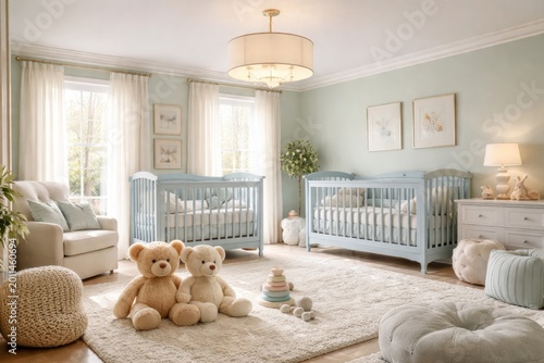 Soft mint green nursery room featuring twin blue cribs, teddy bears, cushioned seating, and plush floor rugs