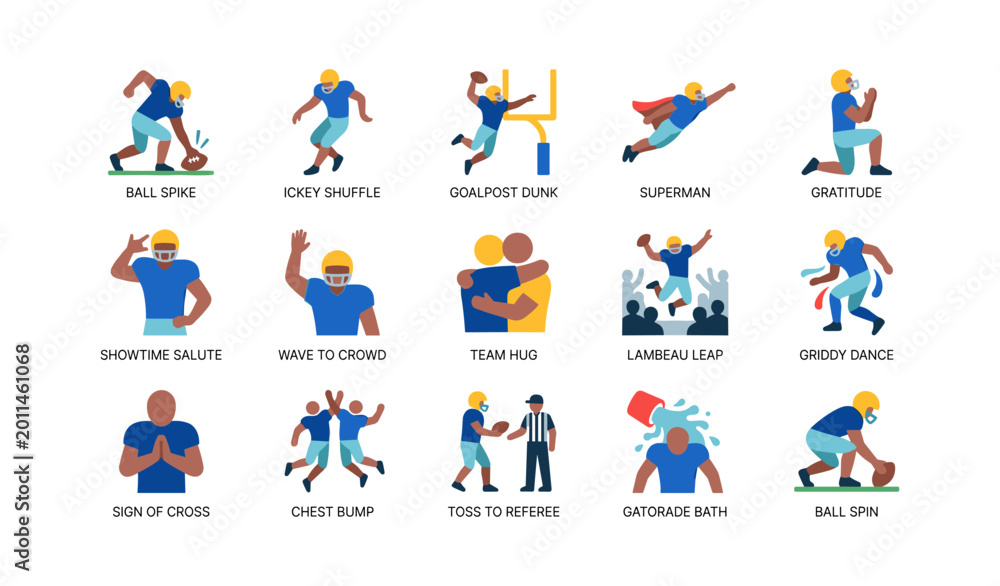 Fototapeta premium Football celebration gestures and actions illustrated on field