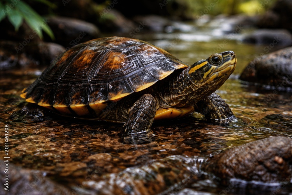 Naklejka premium Malayan Box Turtle Cuora amboinensis showing distinctive shell patterns in shallow stream