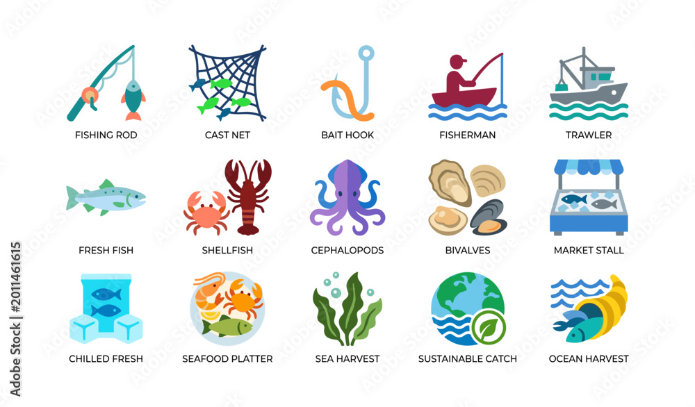 Fototapeta premium Fishing and seafood icons arranged in grid on white background