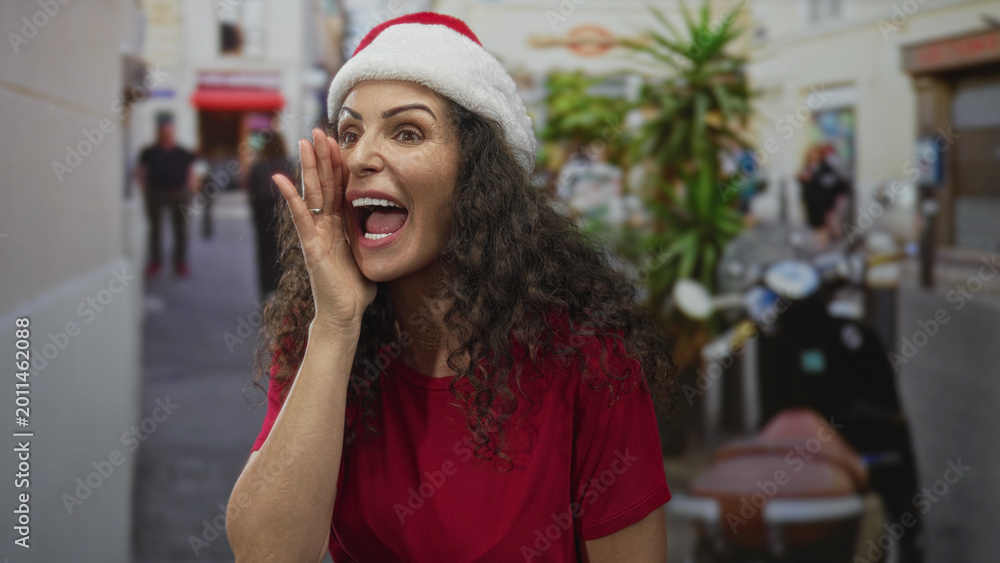 Fototapeta premium Energetic young hispanic woman wearing santa hat and red shirt cupping hand to mouth calling on street; holiday excitement.