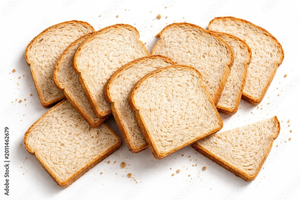 Naklejka premium Wheat bread slices artistically laid out on a crisp white setting