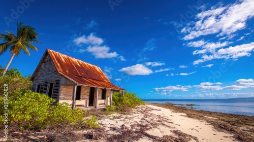 A rustic house with a rusted roof beside a sandy beach under a bright blue sky with clouds