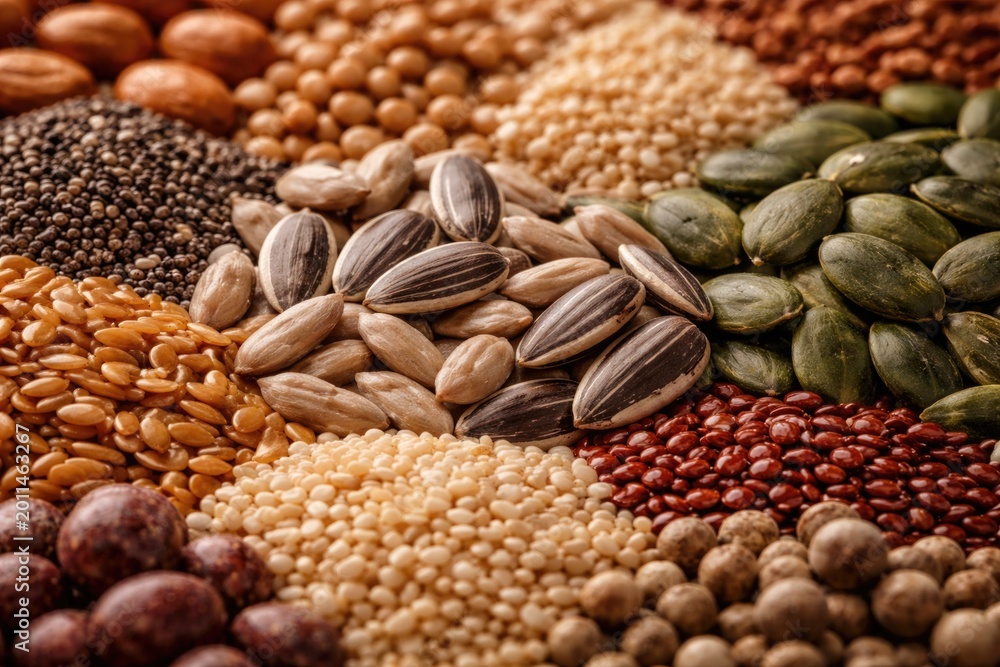 Obraz premium Macro perspective on a collection of different edible seeds