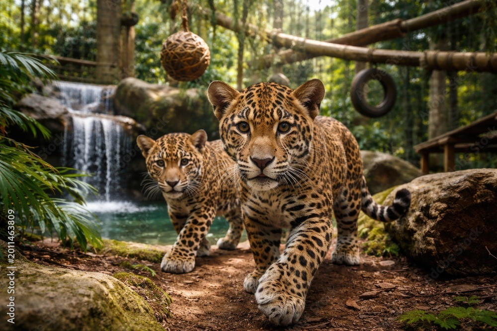 Obraz premium Captive jaguar siblings exploring an enriched enclosure aimed at conservation