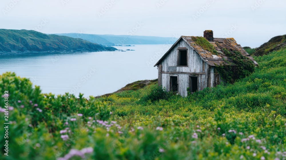 Fototapeta premium A weathered, abandoned house sits amidst lush greenery, overlooking a calm, serene ocean vista