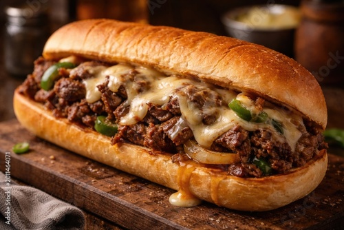 Tasty steak and cheese filled hoagie with fresh bread