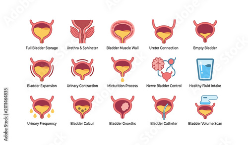 Medical bladder anatomy and urinary condition icons