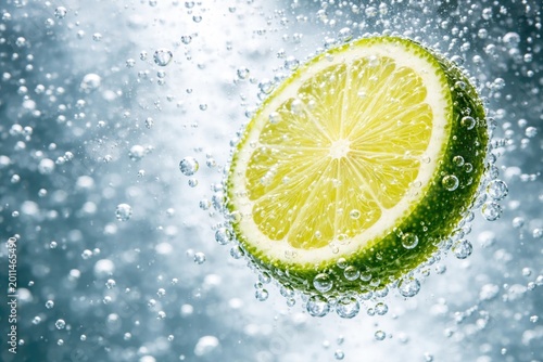 Lime slice immersed in fizzy soda water with ample copy space