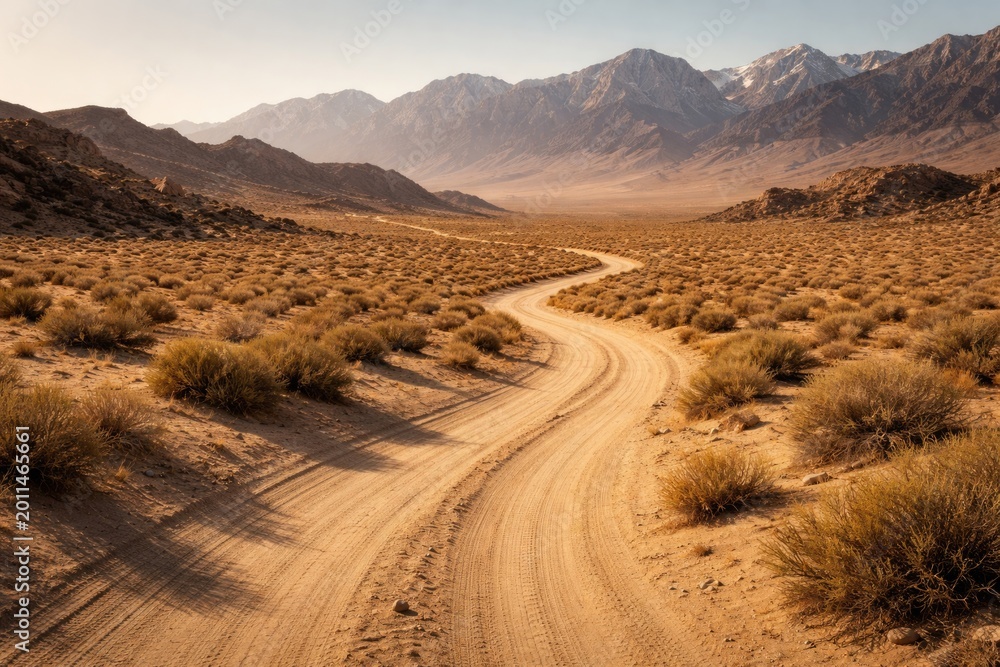 Fototapeta premium Meandering dusty road across sandy desert terrain framed by remote mountains and a clear sky