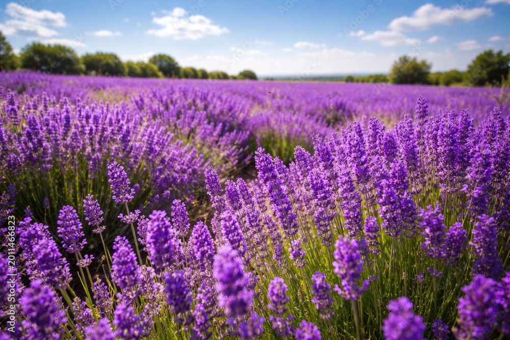 Obraz premium Lavender flower field in full bloom showcasing vibrant purple wildflowers on a sunny day
