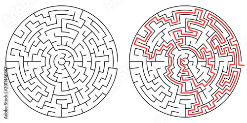Cuadro en lienzo Round maze puzzle with red highlighted winding solution path