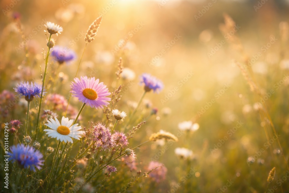 Fototapeta premium Summer meadow wildflower close-up with soft background perfect for copy space design