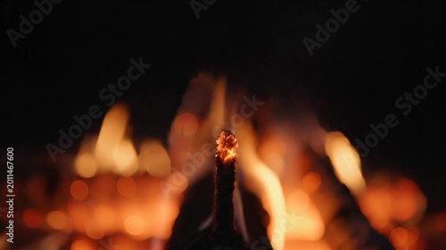 Abstract View of a Campfire with Burning Log in the Foreground and Blurred Flames in the Background at Night
