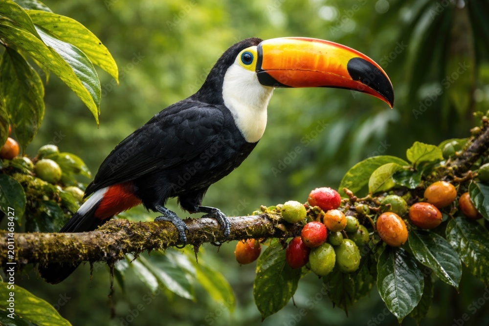 Obraz premium Tropical bird toucan quietly perched on a fresh fruit branch