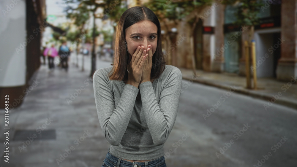 Fototapeta premium Woman covering mouth with hand in a surprised gesture on a city street near buildings; surprise privacy vulnerability.