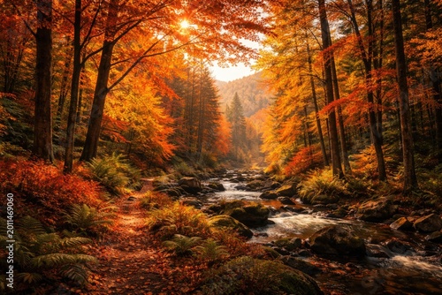 Charming fall forest vista with warm foliage tones