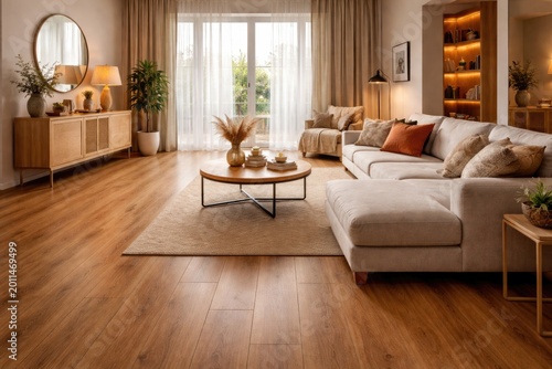 Inviting contemporary room highlighted by warm light brown laminate flooring