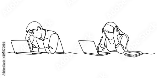 Fotografi Line Art Despair: A minimalist line drawing depicts two figures lost in moments of frustration, the weight of their burdens evident as they work on their laptops