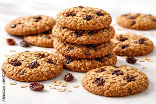 Classic raisin oat cookies placed on a smooth white surface for display