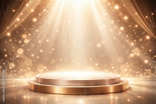 Radiant round podium featuring soft glow and sparkling scene ideal for product announcements with copy space