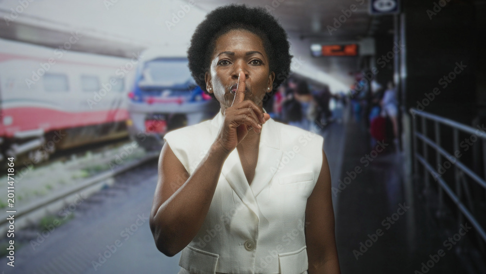 Fototapeta premium Woman in white vest on train station platform making finger to lips shush gesture while looking sideways; silence calm.
