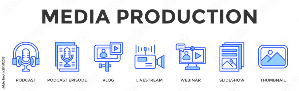 Obraz premium Media Production Banner Web Icon Set Collection Pack Vector Illustration Concept Containing Podcast, Podcast Episode, Vlog, Livestream, Webinar, Slideshow, Thumbnail