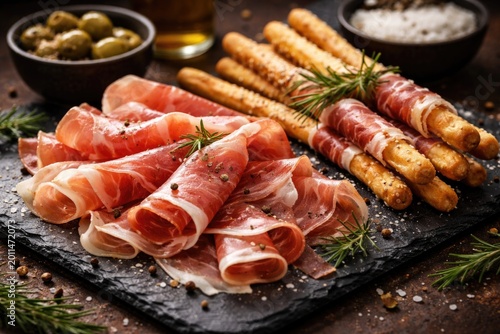 Sliced prosciutto ham and Italian grissini sticks arranged on dark appetizer board