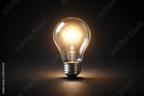 Radiant light bulb with glossy finish placed on a dark matte backdrop for conceptual themes