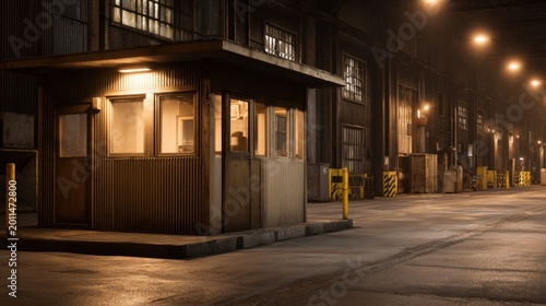A dimly lit industrial checkpoint booth sits amidst an empty warehouse scene, illuminated by overhead lights