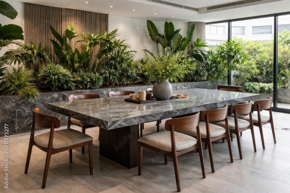 Fototapeta premium Sophisticated contemporary design with a grey marble dining table, wooden seating, and vivid planter greenery