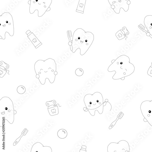 Kids dental seamless pattern for clinic background. clean friendly tooth character. pediatric dental wallpaper. oral care kids design. toothbrush toothpaste floss minimal medical illustration.